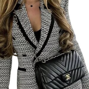 Zara Womens Ecru Black Textured Blazer- Size Small